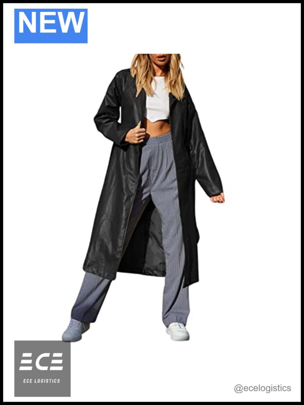 Faux Leather Long Trench Coat with Belt Open Front Notched Lapel